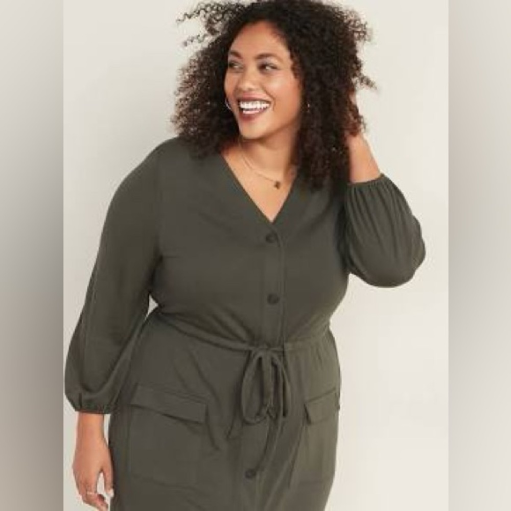 Old Navy Waist-Defined Utility Dress Women’s XL Green Midi Casual Plus Size - Picture 11 of 12